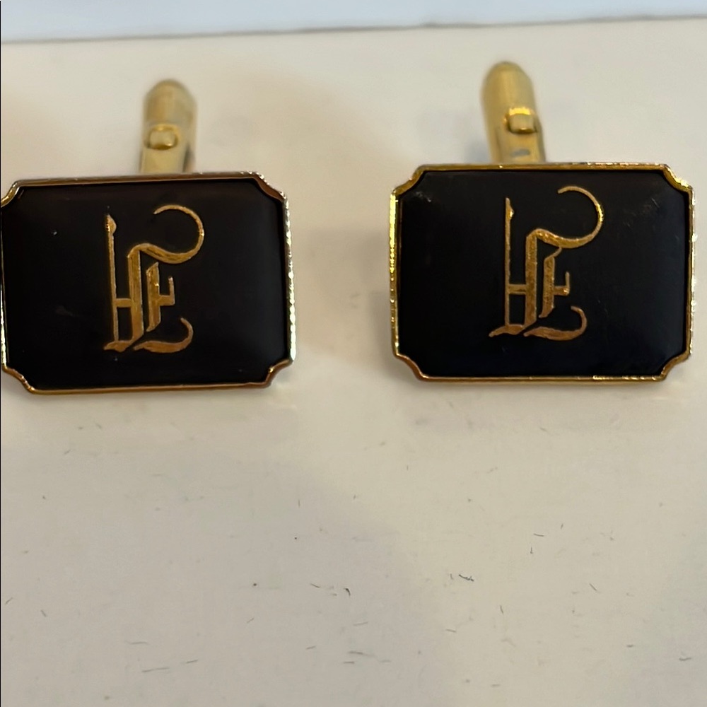 Vintage Amita Gold tone Cuff Links. Matte Black Monogrammed. Made in Japan.